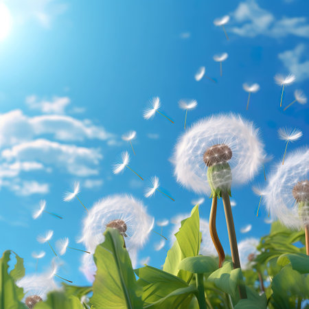 Dandelion seeds on the background of the blue sky and cloudsの素材