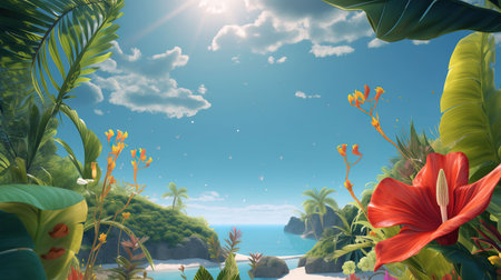 Tropical beach with palm trees and flowers. 3d renderの素材