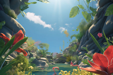 Fantasy landscape with red flowers in the water. 3d renderの素材