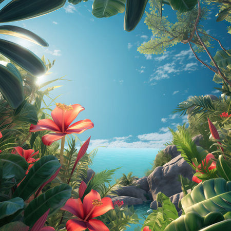 Tropical island with palm trees and flowers. 3d renderの素材