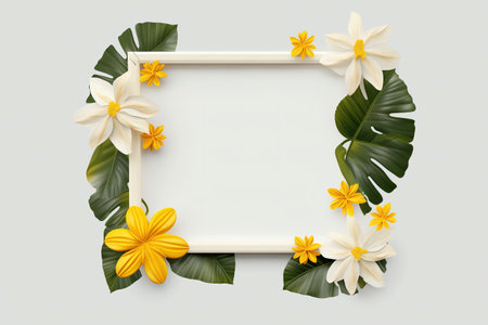 White frame with tropical leaves and flowers on gray background. Vector illustration.の素材