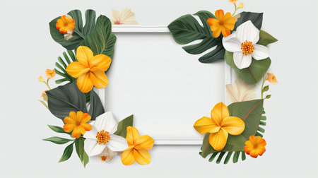 Creative layout made of tropical leaves and flowers. Floral design.の素材