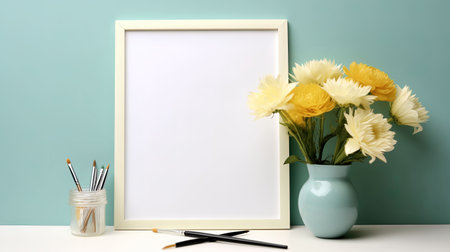 Blank picture frame, pencils and chrysanthemum flowers on table near color wallの素材
