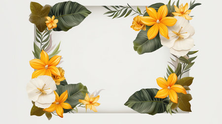Flower frame with tropical leaves and hibiscus flowers.の素材