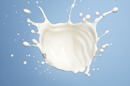 Milk splash isolated on blue background. 3d render illustration.の素材