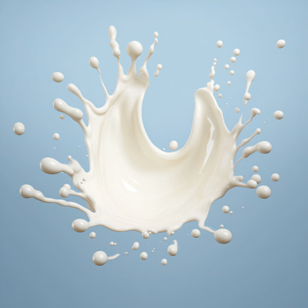 Milk splash isolated on blue background. 3d rendering, illustration.の素材