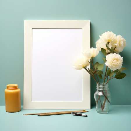 Mock up blank frame, white flowers in vase, paintbrushes and jar on turquoise background. 3d renderの素材