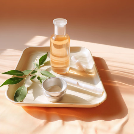 Set of cosmetic products with green leaves on a white plate in sunlightの素材