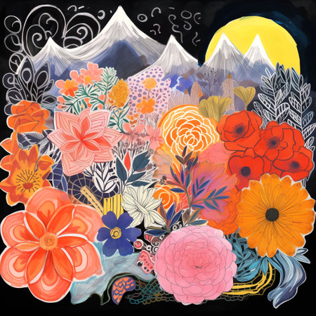 Hand drawn illustration with flowers and mountains. Colorful vector background.の素材
