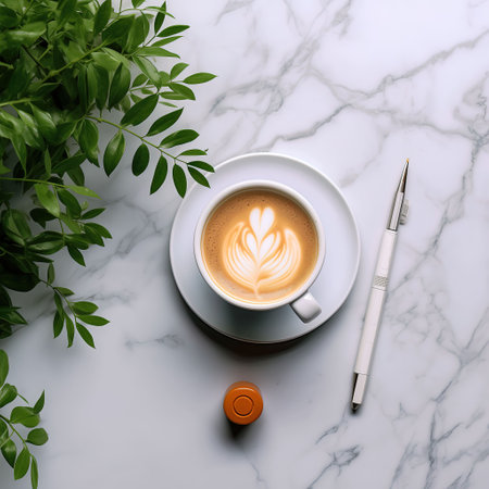 Cup of cappuccino with latte artle backgroundの素材