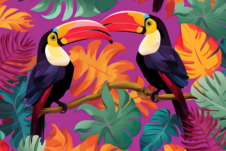 Toucan birds and leaves background design, Animal zoo life nature and fauna theme Vector illustrationの素材