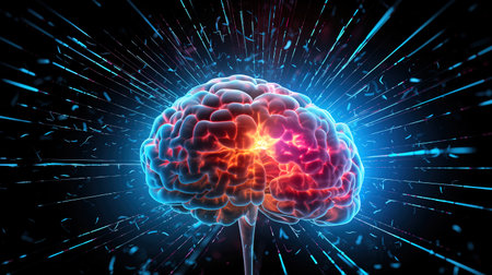 Human brain on digital background. 3d rendering, 3d illustration.の素材