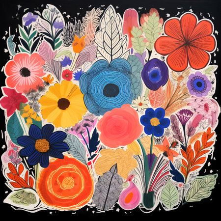 Vintage floral background with colorful flowers. Hand drawn vector illustration.の素材