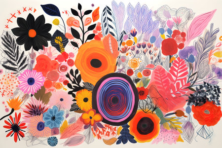 Abstract floral background with colorful flowers and leaves. Hand-drawn illustration.の素材