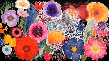 Colorful floral background. Hand drawn illustration with flowers and butterflies.の素材