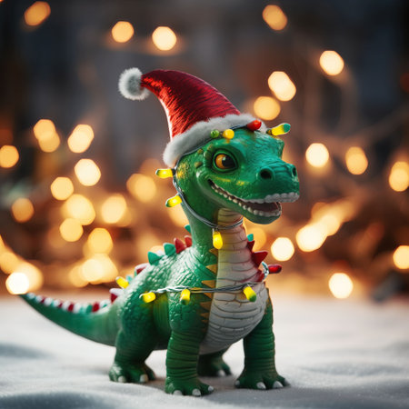 Cute plastic toy crocodile with santa claus hat on bokeh backgroundの素材