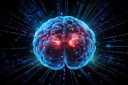 Human brain with glowing light effect on dark background.の素材