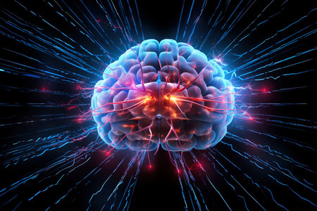 3d rendering of human brain on black background with glowing light effectsの素材