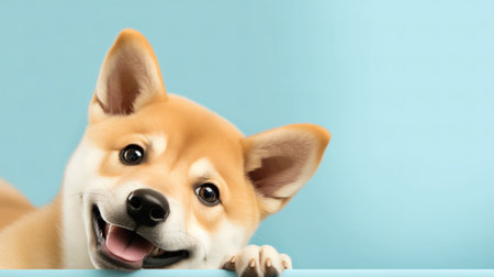 Cute welsh corgi dog lying on blue background with copy spaceの素材