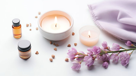 Essential oil for aromatherapy with flowers and candle on white backgroundの素材