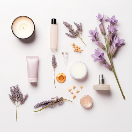 Flat lay composition with cosmetic products and lavender flowers on white backgroundの素材
