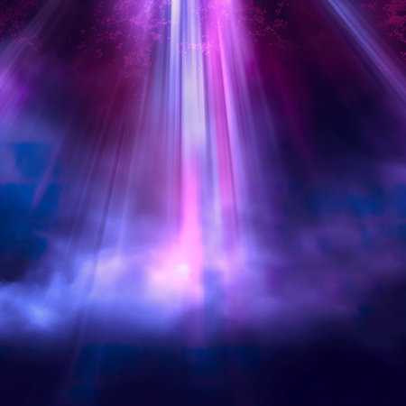 abstract purple background with rays of light and some smoke in itの素材