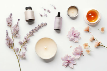 Flat lay composition with aroma oils, candles and flowers on white backgroundの素材