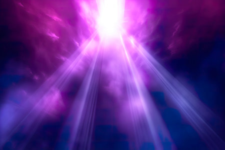 abstract scene with rays of light and smoke on a dark backgroundの素材