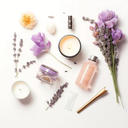 Flat lay composition with cosmetic products and lavender flowers on white backgroundの素材