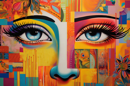 Beautiful woman eyes with multicolored abstract design. 3d illustrationの素材