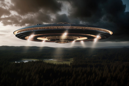 Ufo flying over the city. Futuristic UFO flying in the night sky.の素材