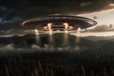 Ufo flying over the city. Futuristic UFO flying in the night sky.の素材