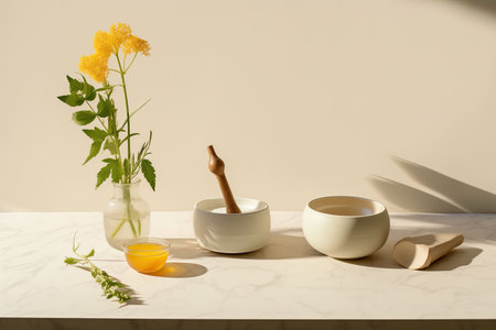 Ceramic bowl with honey, wooden spoon and flowerle tableの素材