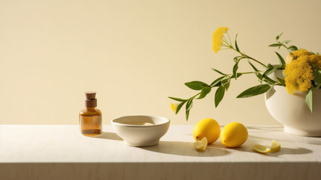 Essential oil with lemon and herbs in a vase on the tableの素材