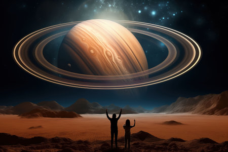 Digital composite of Composite image of a couple holding hands in front of an alien planetの素材