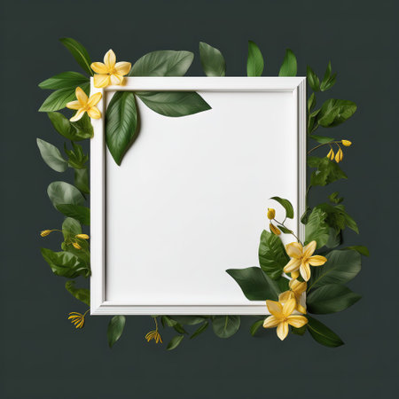 Creative layout made of green leaves and yellow flowers. Flat lay. Nature concept.の素材