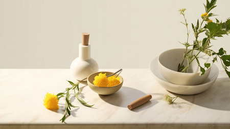 Spa still life with essential oil and marigold flowers.の素材