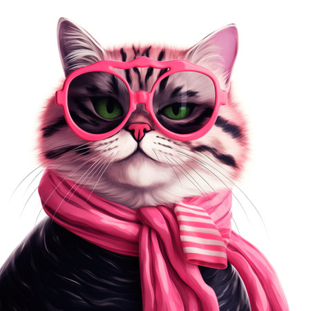 Funny cat with pink glasses and scarf. Isolated on white background.の素材