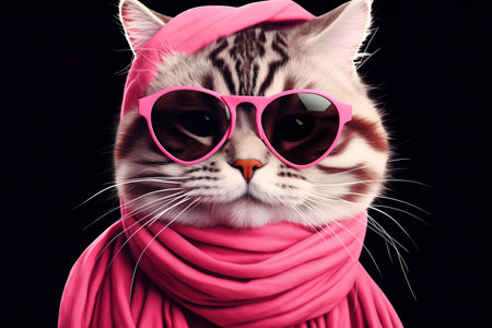 Funny cat wearing sunglasses and scarf on black background. Animal conceptの素材