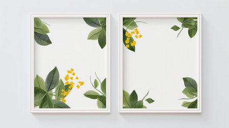 Flowers and leaves in a frame on a white background. Vector illustration.の素材