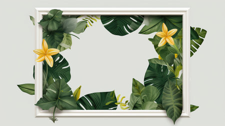 Tropical frame with green leaves and flowers. Vector illustration.の素材