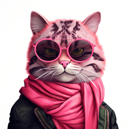 Fashionable cat with pink sunglasses and red scarf. Isolated on white background.の素材