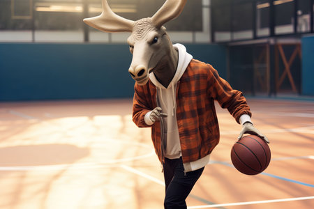 Funny deer with basketball in the hands of a basketball player.の素材