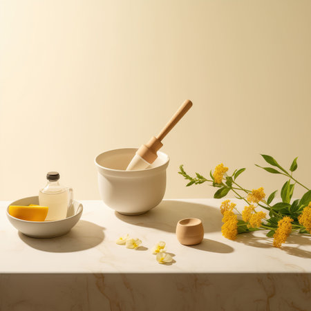 Natural organic cosmetic products on a white marble table with yellow flowers and a wooden spoonの素材