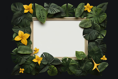 Creative layout made of tropical leaves and flowers. Flat lay, top view, copy spaceの素材