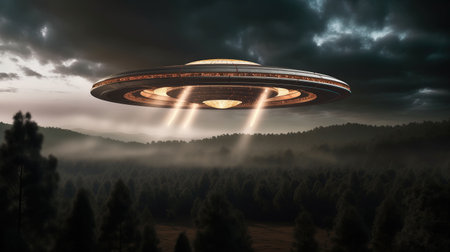 UFO flying over the forest. Alien spaceship. 3D renderingの素材