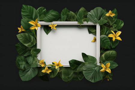 Frame with tropical leaves and flowers on black background. 3d renderingの素材