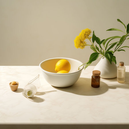 Spa still life with lemon, essential oil and herbsle tableの素材
