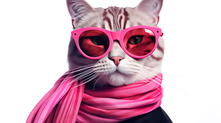 Funny cat wearing pink sunglasses and scarf, isolated on white backgroundの素材