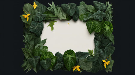 Creative layout made of tropical leaves and yellow flowers. Flat lay, top view. Nature conceptの素材